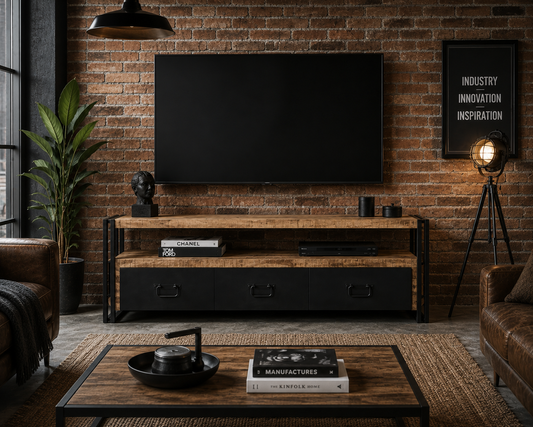 Meuble bois de manguier tiroirs acier 120x30x40