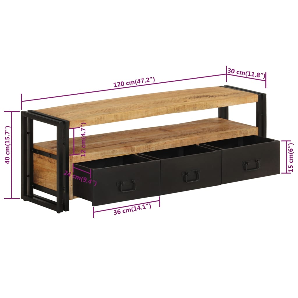 Meuble bois de manguier tiroirs acier 120x30x40